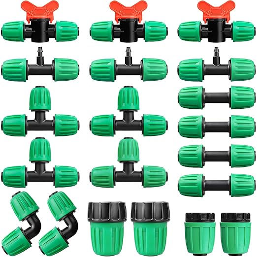 Gardrip 20 Pieces Drip Irrigation Fittings for 1/2 Inch Drip Tubing (1/2" ID x 0.65" OD)：1/2'' Irrigation Tubing Connectors Including Couplings Tees Elbows Valves Reducing Tee Plugs 3/4" Adapters