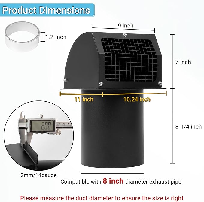 Neoaider 8 Inch Hooded Wall Vent Cover with Screen and Damper, 14GA/2MM Thick Heavy-Duty Steel Vent Covers for Wall, Vent Cover for Dryer Ventilation and Outdoor Air Exhaust, Black
