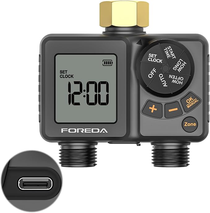 2 Outlet Water Timer for Garden Hose, Programmable Hose Timer for Watering with Brass Inlet, USB-C Sprinkler Timers, IPX6, Rain Delay/Manual/Auto Modes for Lawn, Yard, Farm, Pool