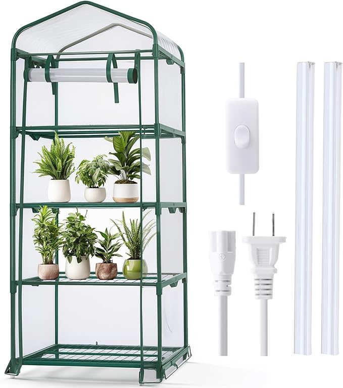 Baquler 4 Tier Mini Greenhouse Indoor Outdoor with 2 Grow Lights, 62'' H x 27'' L x 19'' W PE Cover Portable Vented Greenhouse with Roll up Zipper Door Gardening Stand for Plant Seed Starting (White)