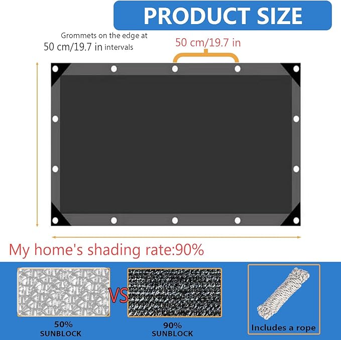 90% Shade Cloth for Garden- Breathable Mesh Tarp for Vegetables & Plants, Outdoor Patio Sun Shade with Grommets - Chicken Coop, Dog Kennel Cover(Black, 2.4 * 4.8M/8 * 16FT)