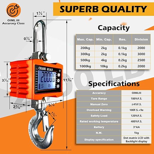 YATOINTO 2200lb Digital Crane Scale High Precision Heavy Duty Industrial Hanging Scale with Remote Control Aluminum Case CE Certified Electronic Weighing Crane Scale, for Garage Farm Hunting (Orange)