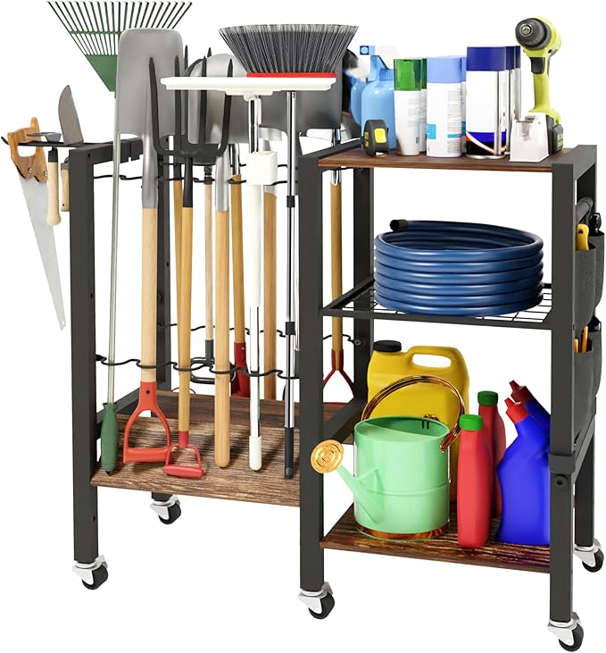 Garden Tool Organizer with Lockable Wheels, Heavy Duty Yard Tool Storage Rack for Shovels and Rakes, 3 Tier Lawn Care Utility Holder with hooks for Garage, Shed, Yard and Laundry Room