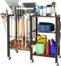 Garden Tool Organizer with Lockable Wheels, Heavy Duty Yard Tool Storage Rack for Shovels and Rakes, 3 Tier Lawn Care Utility Holder with hooks for Garage, Shed, Yard and Laundry Room