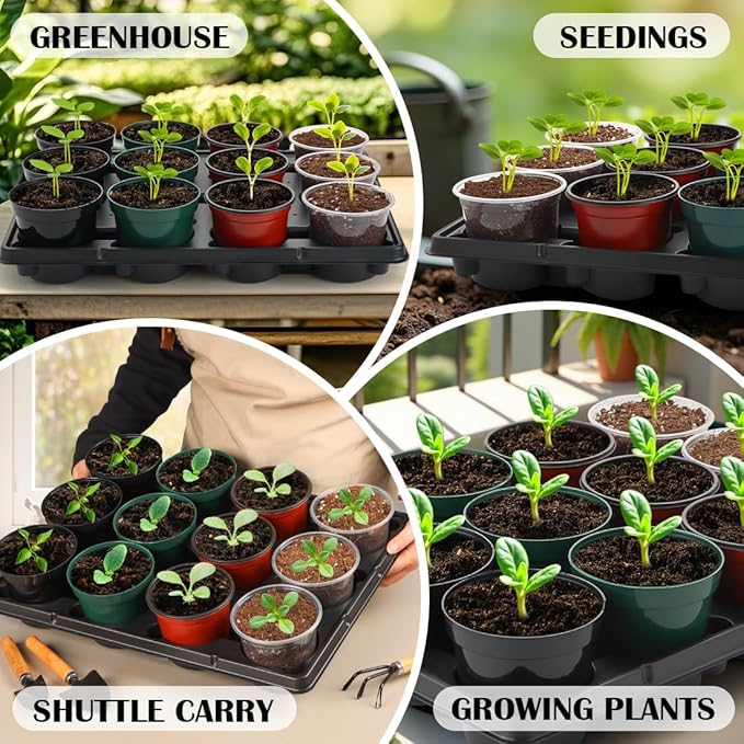 RooTrimmer 12 Cell Round Nursery Pot Trays Thickened Durable Seedling Pots Shuttle Carrying Trays for Holding 4 Inch Nursery Pots (16.85" × 12.6", 20-Pack)