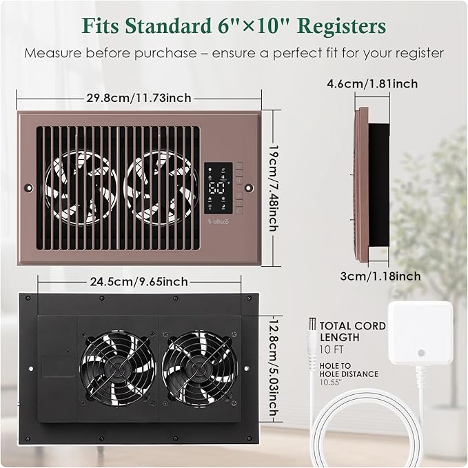 VallisCo Register Booster Fan 6" x 10" with Negative Ion, Manual Airflow Direction Control, Quiet 10-Speed Heating Cooling AC Vent Fan with Remote & Thermostat Control for Wall Floor, Bronze