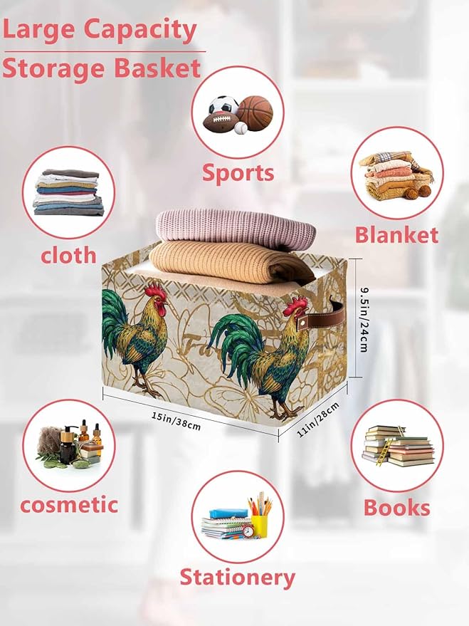 Vintage Rooster Storage Bins Cubes Waterproof Cloth Storage Basket, Elegant Retro Animals Farmhouse Foldable Storage Bags for Shelf Closet Clothes Storages Organizers with Handles 15x11x9.5 in 1PCS