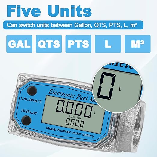 1" Digital Turbine Fuel Flow Meter, 2.6-26 GPM with 3/4" Adapters for Diesel, Gasoline, Oil & Water - Supports GPM, GPH, L, m³