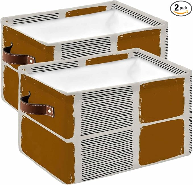 Brown Storage Bins Cubes Waterproof Cloth Storage Basket,Modern Painting Farmhouse Striped Abstract Art Foldable Storage Bags for Shelf Clothes Storages Organizers with Handles 15x11x9.5 in 2PCS