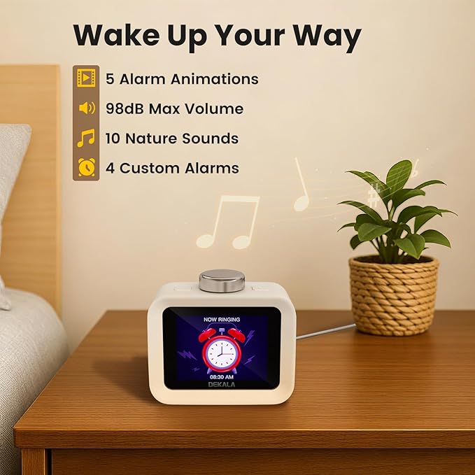 Dekala AuraDot Cute Aalarm Clock Temperature Humidity Monitor, White Noise Sound Machine for Sleep 30 Non-Loop Soothing Sounds, Animationed Sleep Screen, 7-Day Programmable 4 Alarm Clock