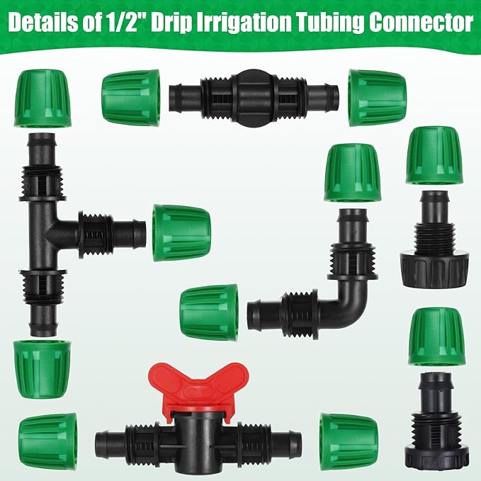 28 Pcs 1/2 Inch Drip Irrigation Fittings Kits,Drip Hose Connector for 1/2" Irrigation Tubing(1/2" ID x0.6-0.63"OD) with 6 Tees,6 Couplings,4 Switch Valves,4 End Cap, 4 Elbows,4 Faucet Adapter