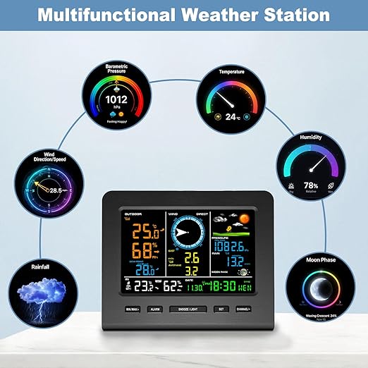 Urageuxy WiFi Weather Stations Wireless Indoor Outdoor, Home Weather Station with Rain Gauge, Wind Speed/Direction, Indoor/Outdoor Thermometer/Humidity, Moon Phrase, Alarm Clock, Barometric Pressure
