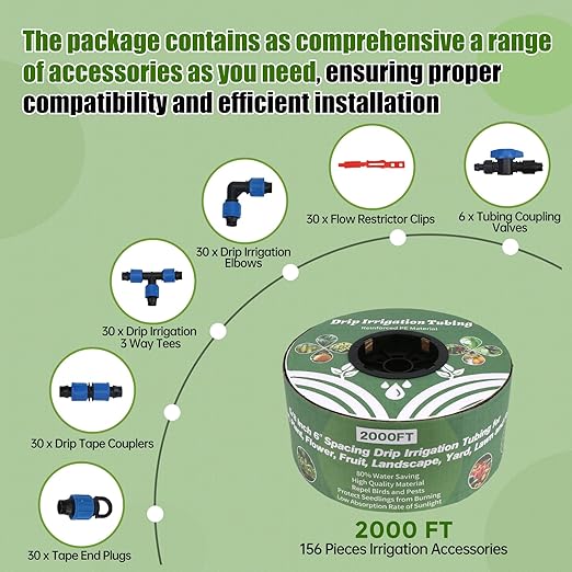 2000FT 5/8" Drip Tape Irrigation Kit, 16 Mil Heavy Duty with 6" Emitter Spacing, Silver Reflective Drip Tape Helps Prevent Pecking & Biting Damage, Heat-Safe for Seedlings, Reinforced PE Material