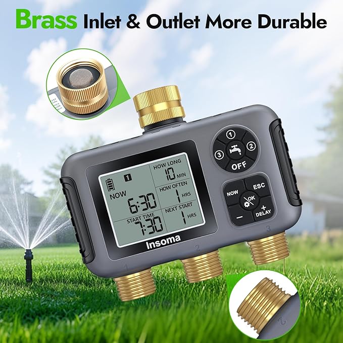 Insoma Water Timer with Brass Inlet, 3 Independent Zones Outdoor Hose Timer for Garden Faucet with Auto/Manual/Rain Delay Mode, IPX5 Waterproof, Sprinkler Irrigation Controller for Yard Lawn