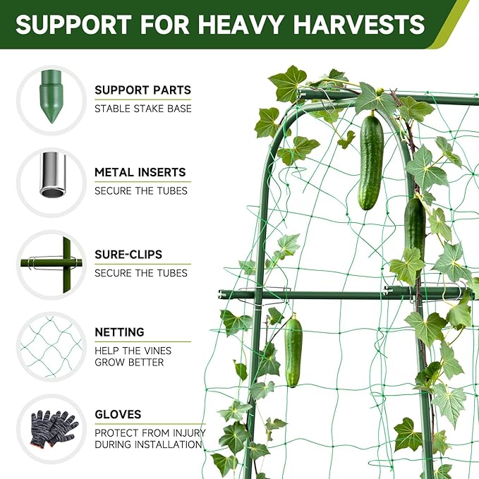 HIRALIY Cucumber Trellis for Climbing Plants Outdoor, 4ft Tall Heavy Duty Metal Garden Arch Trellis, Rustproof Plant Support Tunnel for Tomato, Grape, Bean, Raised Bed and Vegetable Gardens, Green