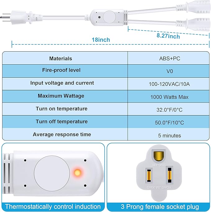 Feekoon 120V 10A Temperature Controlled Extension Cord, Heat Cable Controller Turns on Below 32°F, Off Above 50°F, Thermostatically Controlled Outlet for Coop Heaters Deicers Water Pipe Heating Tapes