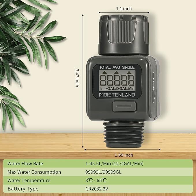 Moistenland Water Flow Meter, Standard 3/4" Hose Thread, High Accuracy and IPX6 Waterproof, Water Meter for Garden Hose/RVs