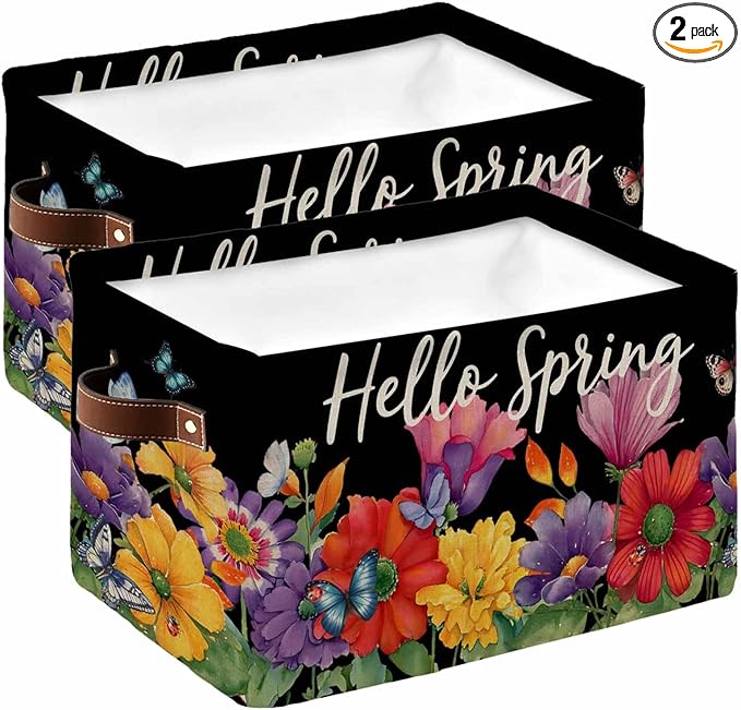 Spring Flowers Storage Bins Cubes Waterproof Cloth Storage Basket,Watercolor Country Colorful Floral Black Foldable Storage Bags for Shelf Clothes Storages Organizers with Handles 15x11x9.5 in 2PCS