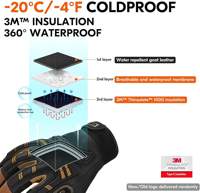 Vgo... 1-Pair -4℉ or above Winter Waterproof High Dexterity Heavy Duty Mechanic Glove, Rigger Glove, Anti-vibration, Anti-abrasion, Touchscreen (Size XXL, Brown, GA8954FW)