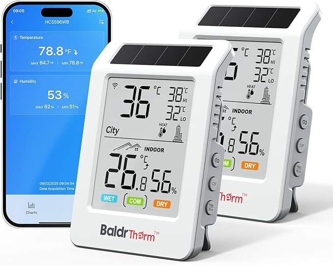 BaldrTherm WiFi Bluetooth Thermometer Hygrometer, Solar Boost, WiFi Remote Monitoring, Smart Alerts (Black Ice), City Temp Sync for Home/Baby Room/Plant Room, 2pack
