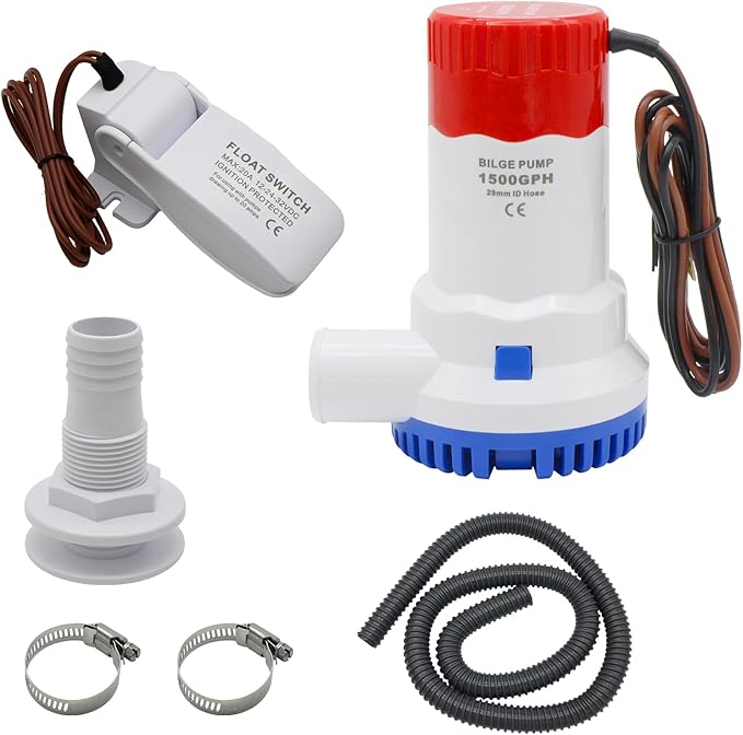 HXH 1500 GPH Boat Bilge Water Pump 12V, Bilge Pump Plumbing Kit, 1-1/8 Inch Hose with Automatic Float Switch, 2 Clamps, Thru-Hull Fitting, Ideal for Fishing Boats, Cruisers, Runabouts.