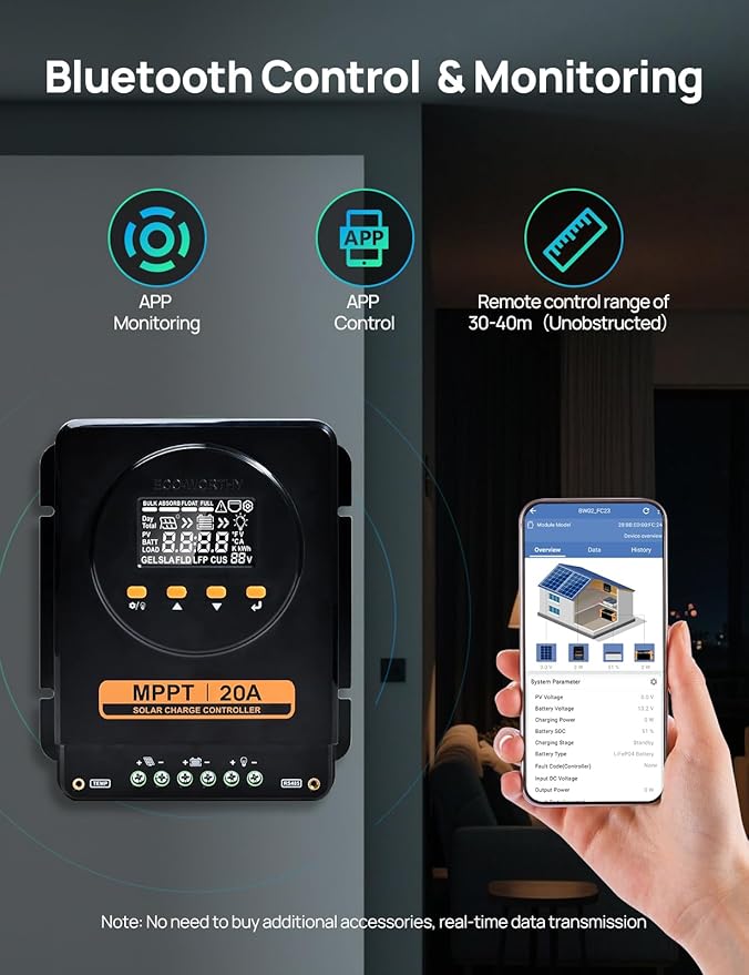 ECO-WORTHY MPPT Solar Charge Controller 12V/24V 20A,Bluetooth & APP Monitoring,LCD Display, Solar Panel Regulator for Gel,SLA,FLD,LFP Battery in Solar System,RV