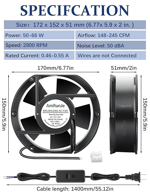 AC Axial Fan 110v 120v 172mm x 150mm x 51mm Powerful Airflow Dual Ball Bearing Fan with Switch Cooling for DIY Chicken Coop Greenhouse Server Room Garage Crawl Space Exhaust