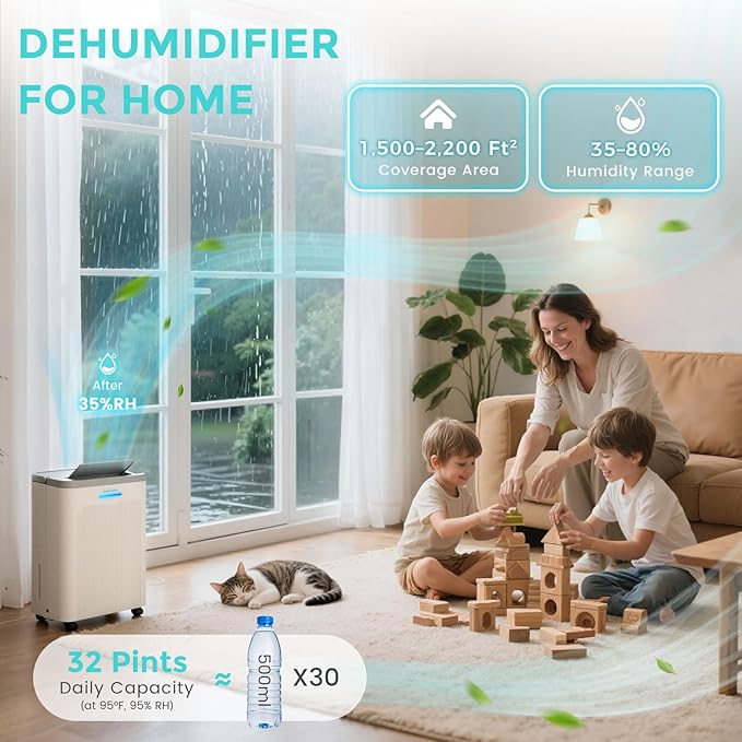 1500 Sq.Ft Dehumidifier, Max 32 Pint Quiet Dehumidifier for Bedroom with HEPA Filter Air Purifiers, Dehumidifiers for Basement with Drain Hose,Home,Bathroom,Auto Defrost,Smart Humidity Control