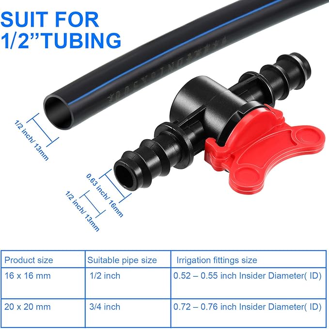 Boao Drip Irrigation Switch Valves - 1/2 Inch Double Male Barbed Valve - Manual Adjustment with Red Handle Top(12)