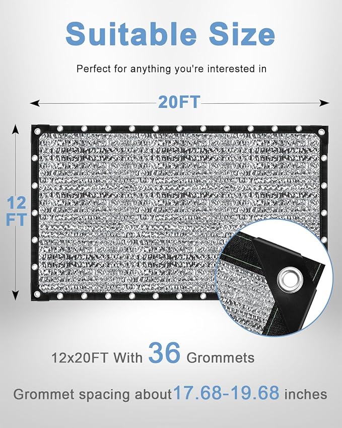 vensovo 85% Aluminum Shade Cloth - Reflective Aluminium Shade Netting Sun Shade Cover with Grommets for Cars, Dogs, Outdoor, RV, Patio (12x20FT)