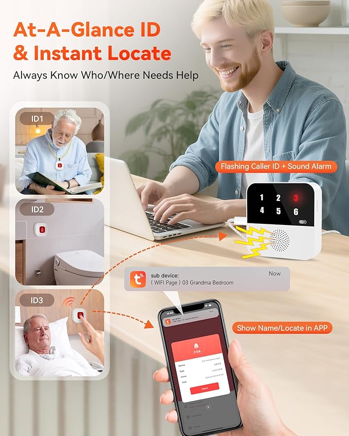 PILSAMSA WiFi Caregiver Pager Wireless Call Button with Flashing Caller ID & App Alerts, 3 Waterproof Panic Button, Medical Alert Systems for Seniors No Monthly Fee, Alert Button for Seniors at Home