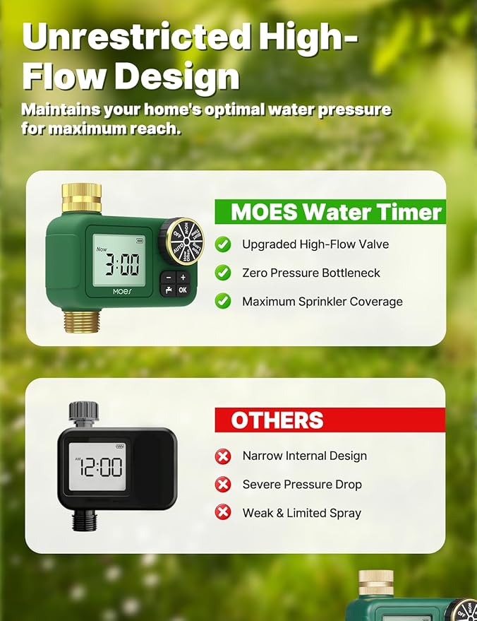 MOES 1 Zone Water Timer for Garden Hose, Heavy Duty Solid Brass Inlet & Outlet, Programmable Sprinkler Timer Battery Operated, High-Flow Faucet Valve with Rain Delay for Lawn Irrigation (Non-WiFi)