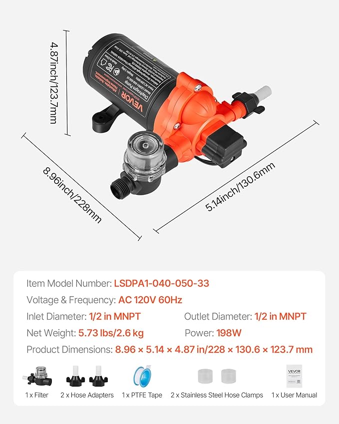 VEVOR Water Pressure Pump, 110V AC 4 GPM, 3-Chamber On Demand Electric Diaphragm Water Transfer Pump, 45 PSI Max Pressure, Automatic Pressure Switch, for Home Kitchen Garden Irrigation Car Washing