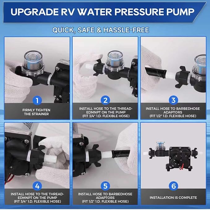 2026 Upgraded RV Water Pump, 12V 6.0 GPM High-Flow, Ultra-Quiet 75PSI Self-Priming Diaphragm Pump with Adjustable Pressure Switch & Strainer for RV, Marine, Camper, Boat (Run-Dry Safe)