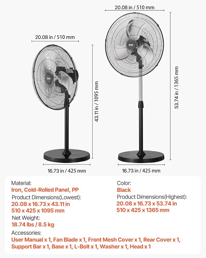 VEVOR Industrial Pedestal Fan, 18 Inch 90-Degree Oscillating Fan, Height Adjustable Standing Fans with 3 Adjustable Speeds, High Power Floor Fans for Office, Black