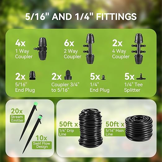 Drip Irrigation Kit for Garden, Raised Beds, Lawn - Adjustable Watering System with Drip Emitters, 5/16" & 1/4" Tubing, Barbed Fittings