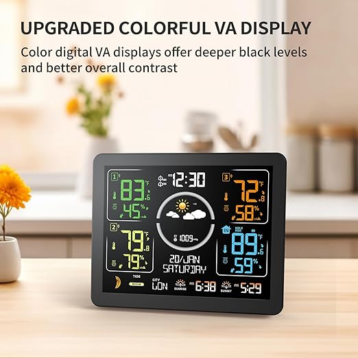 Weather Stations Wireless Indoor Outdoor Thermometer with Multiple Sensors, 7.5" VA Display Weather Forecast Station with Atomic Clock, Temperature, Humidity and Adjustable Backlight for Home
