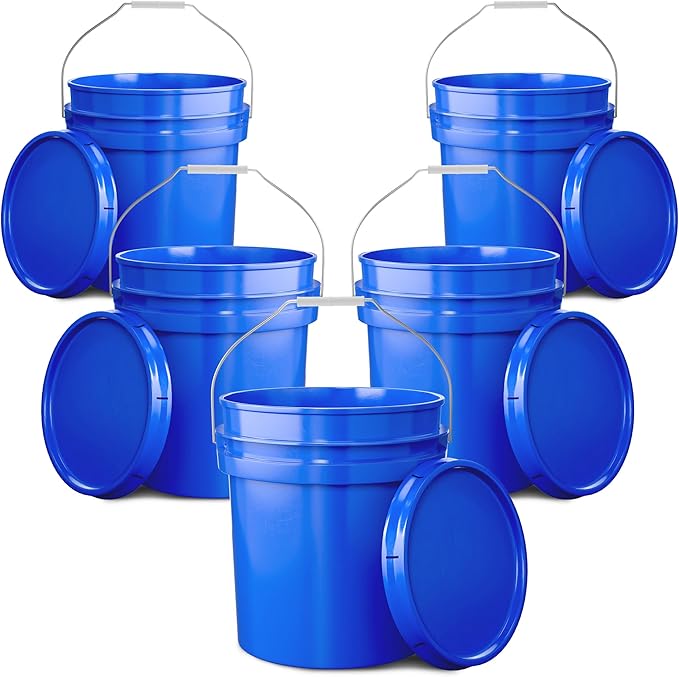EconoHome 5-Gallon Blue Bucket Pail Container with Lid | Metal Handles with Plastic Grip for Easy Carrying | Easy Stack and Store | Heavy-Duty Extra Durable | Food Grade | BPA Free - 5 Pack