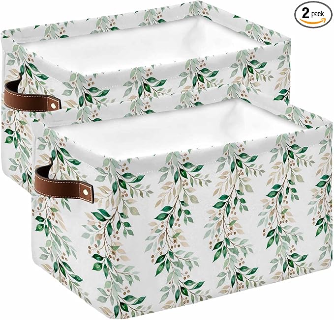 Farmhouse Leaves Storage Bins Cubes Waterproof Cloth Storage Basket, Botanical Green Branch Summer Berry Foldable Storage Bags for Shelf Closet Clothes Organizers with Handles 15x11x9.5 in 2PCS