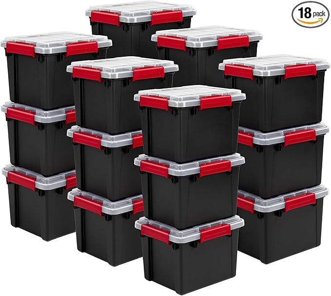 Sterilite 18 Pack 5 Gallon Gasket Box, Stackable Plastic Storage Container with Lids, Black - Waterproof and Dustproof Tote for Home Organization