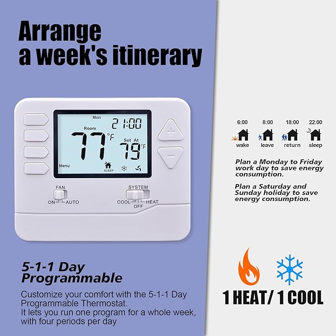 Heagstat 5-1-1 Day Programmable Thermostat for Home Conventional Single-Stage Systems, up to 1 Heat/ 1 Cool, (with White Backlight)