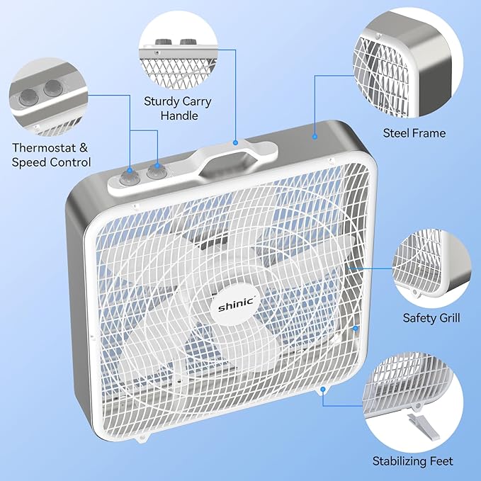 shinic 20” Box Fan with Thermostat for Bedroom, 3-Speed Portable Floor Fan with Carry Handle, Powerful Airflow, 5 Blades, Window Fan and Cooling Fan for Home, Office, Garage, Basement, White