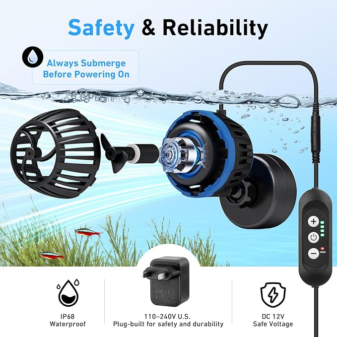 AQQA Magnetic Wave Maker for Aquarium - DC 12V Circulation Pump with External Controller, 4-Speed Adjustable Flow & Feeding Mode, Submersible Powerhead for Freshwater Saltwater Tanks (20W 2115GPH)