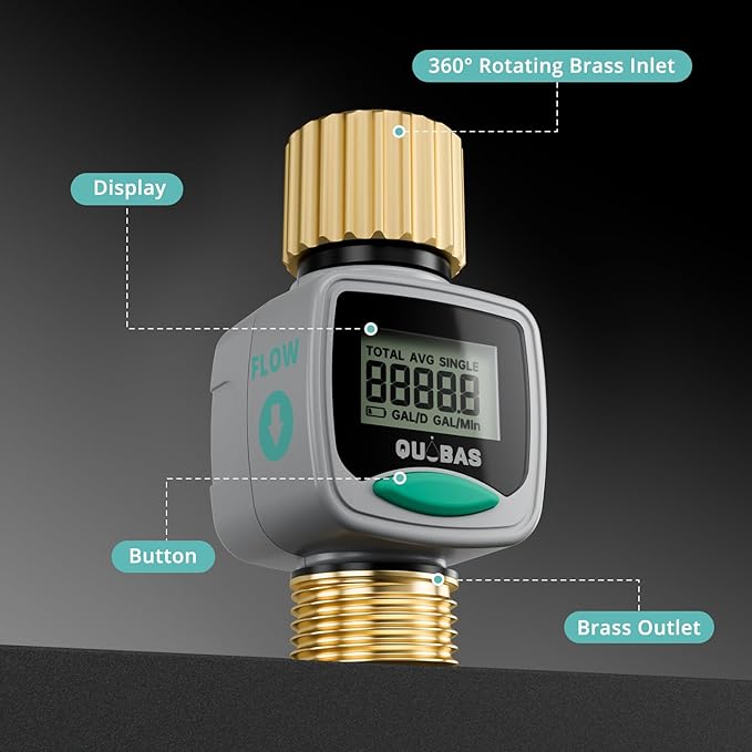 QUOBAS Water Flow Meter with Brass Fittings, Easy-Install Garden Hose Flow Meter for RV, Outdoor Plants, Lawn & Pool, Waterproof Screen, Tracks Gallon/Liter Usage, 4 Modes