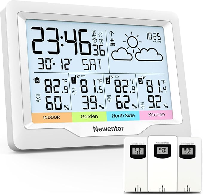 Newentor Weather Stations Wireless Indoor Outdoor Multiple Sensors, Indoor Outdoor Thermometer with Atomic Weather Clock Battery Powered, Temperature Humidity Monitor and Barometer for Home, White