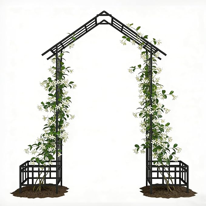 Adjustable Metal Garden Arch with Planters, Heavy Duty Galvanized Steel Arbor for Climbing Plants, Outdoor Pergola Trellis for Rose, Vine, Ivy, Wedding Arch Decoration
