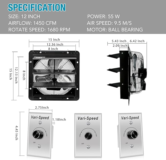 VENTISOL 12 Inch Shutter Exhaust Fan With Variable Speed Controller,1450CFM Wall Mounted Ventilation Fan, Vent Fan For Greenhouses,Shop,Home Attic,Garage Ventilation,Black
