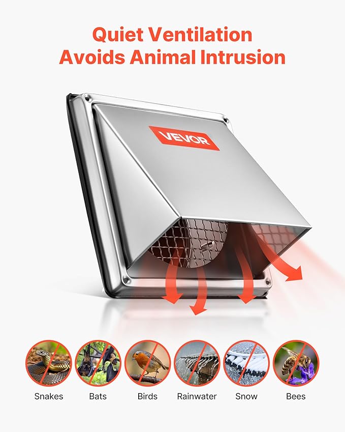 VEVOR 6 inch External Extractor Wall Vent Cover, Square AC Vent Gable Cover, Premium Stainless Steel & with Built-in a Protection Screen, for House,Bathroom,Garage,Kitchen,Basement (1 Pack, Silver)