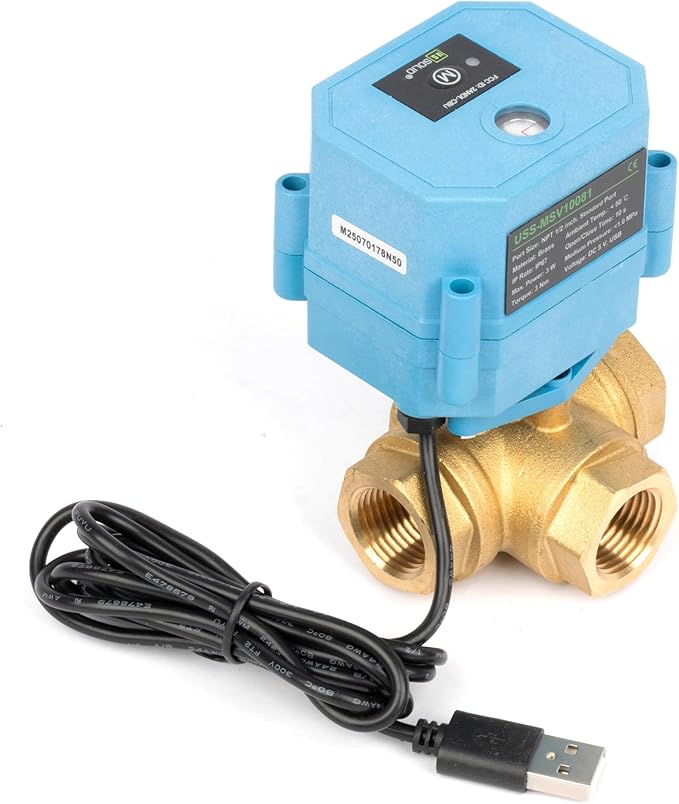 U.S. Solid WiFi Smart Motorized Ball Valve 1/2 inch NPT for Water Control & Irrigation, 3 Way Brass Electric Valve, USB Powered, LED Status Indicator, Flow Direction Window, Remote On/Off Control