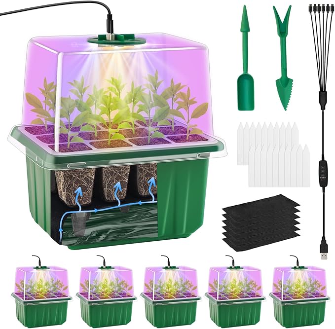 GOONMILL Self-Watering Seed Starter Tray with Timed Grow Light, 6 Packs Plant Starter Tray Seedling Starter Kit with Humidity Domes Base Indoor Mini Greenhouse for Gardening Seeds Growing Starting